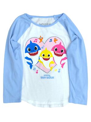 Jumping Beans Baby Shark Toddler Girls White & Blue Glitter Long Tee Shirt 4T