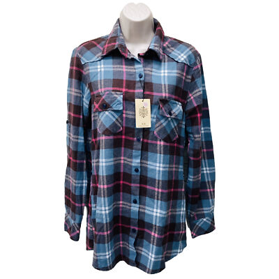 NWT  MATCHSTICK Argus Sz S Cotton Flannel Button-Up Plaid Check Roll-Tab Sleeve
