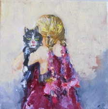 Girl and Cat – 8x8 Original Oil Painting, Childhood Memories Handcrafted Art