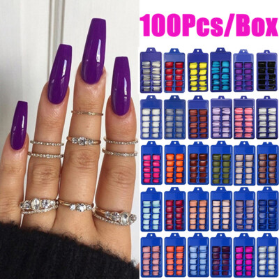 100Pcs Long Fake Nails Acrylic Artificial False Nail Tips Stick on Full Nail  