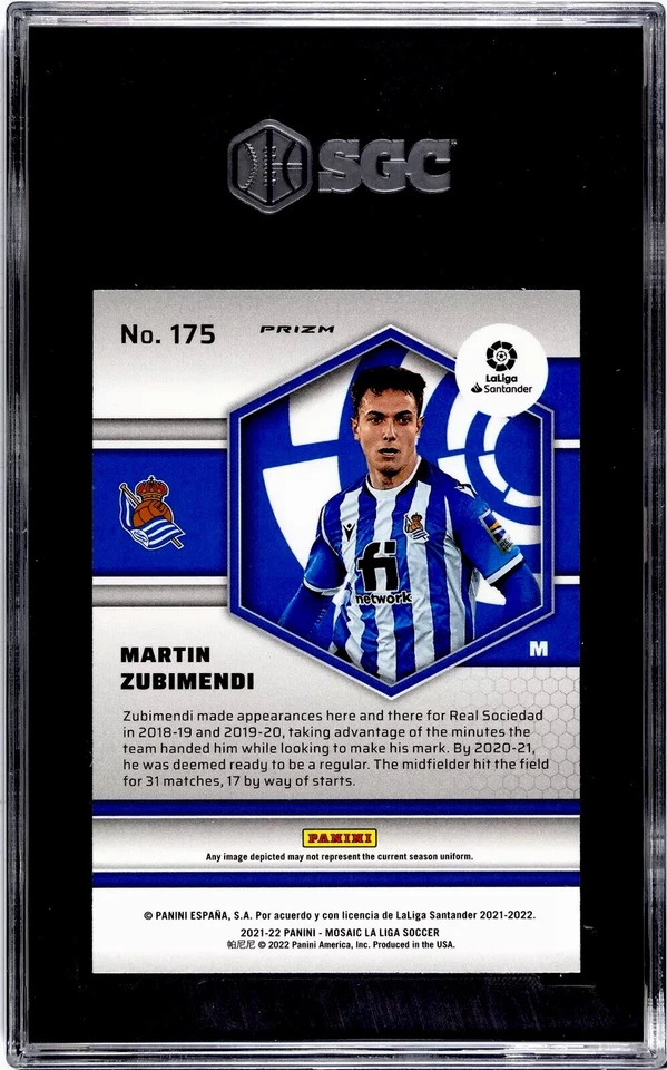 2021 Panini Mosaic La Liga #175 Martin Zubimendi RED & GREEN PRIZM SGC 9 MINT - Image 2 of 2