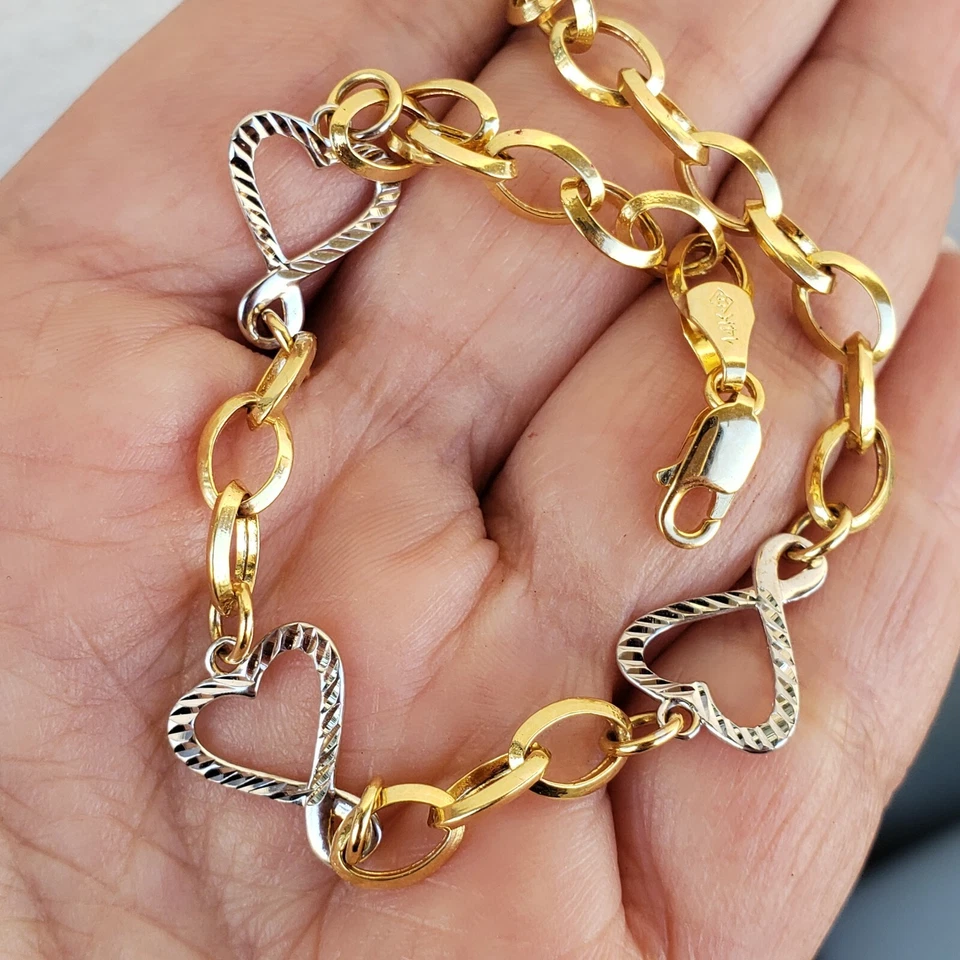 womans 14k yellow white gold diamond cut hearts link Bracelet 8 inch long - Image 4 of 4