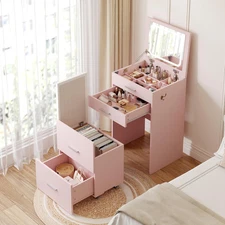 Compact Vanity with 3 Drawers, 3 in 1 Vanity Desk, Makeup Desk with Flip-Up 3 Co