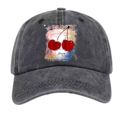 Vintage Cherry Art Print Washed Baseball Cap, Aesthetic Quote Dad Hat