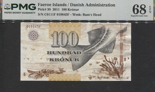 TT PK 30 2011 FAEROE ISLANDS 100 KRONUR PMG 68 EPQ SUPERB GEM UNCIRCULATED