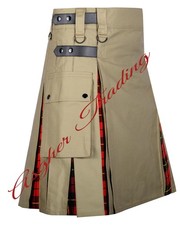 Handmade Khaki With Wallace Tartan Hybrid Utility Kilt Men's Custom Size Kilts