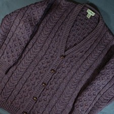 LL Bean Womens Small 100 Wool Cable Cardigan Sweater Purple Made in Ireland
