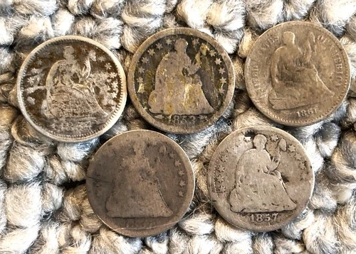 Liberty seated half dimes - silver - 1853, 1854, 1857 (2), 1861 - 5 coins