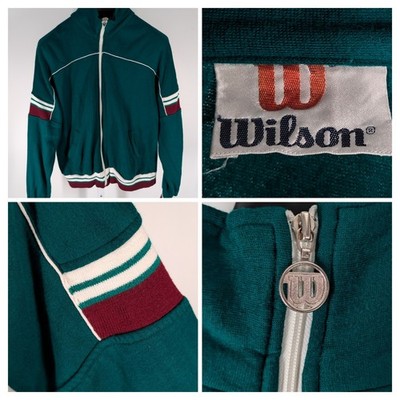 Vintage Wilson Track Jacket M Green Acrylic Full Zip Wimbledon 80s Tennis Warmup