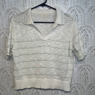 Thread & Supply White Sage Green Striped Knit Polo Shirt L Short Sleeve V-Neck