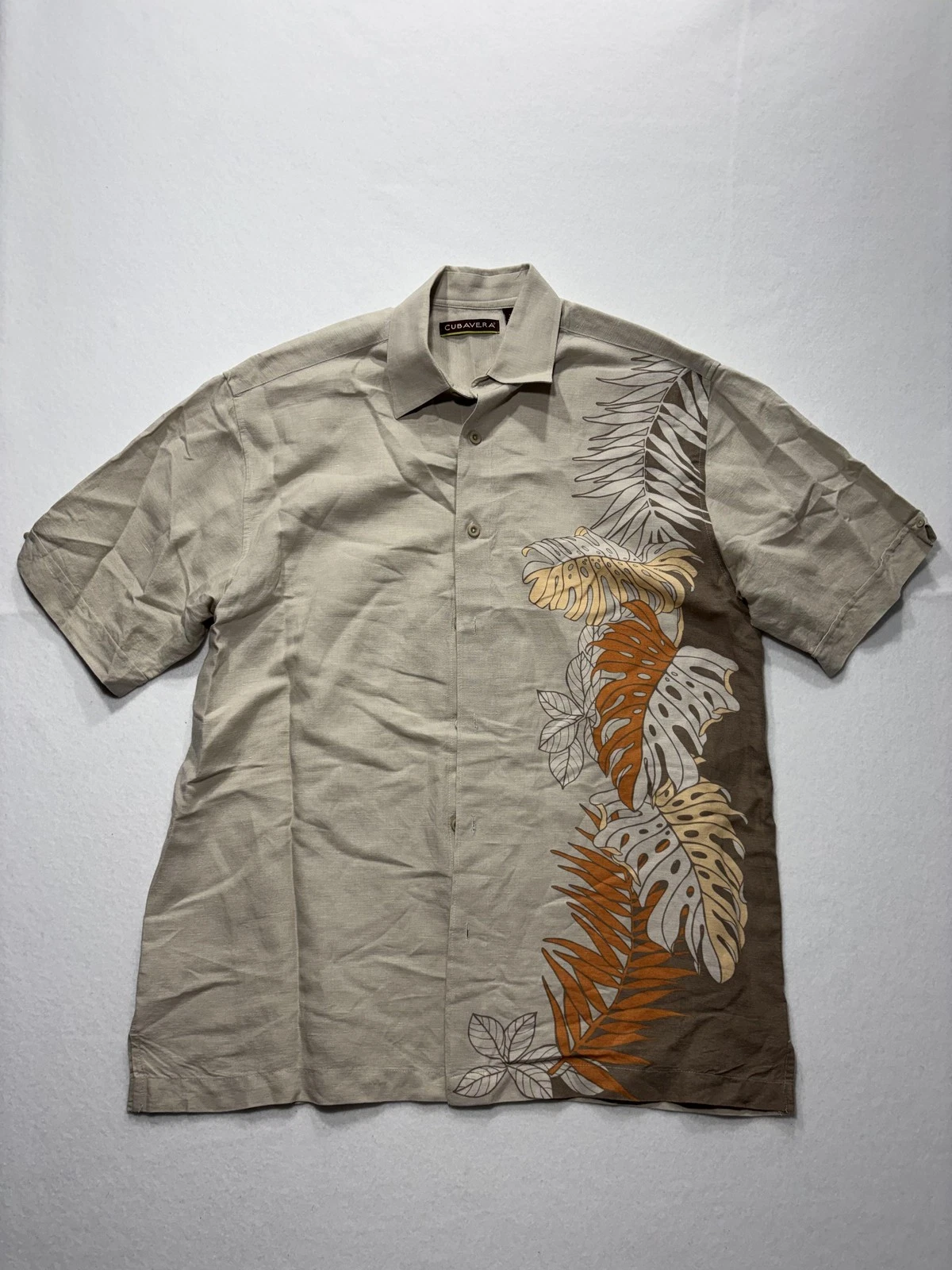 Cubavera Shirt Mens XL Beige Tropical Linen Short Sleeve Button Up Hawaiian