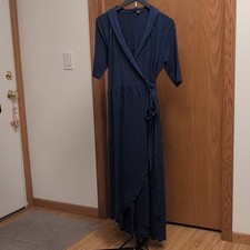 Quince Tencel Jersey Navy True Wrap Midi Dress V-Neck 3/4 Sleeve L
