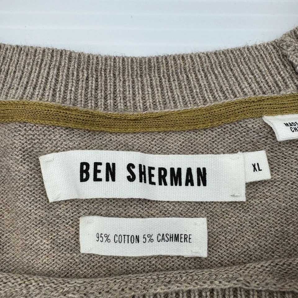 Ben Sherman XL свитер желтовато-коричневый коричневый полоски Crewneck хлопок кашемир пуловер мужской - Изображение 2 из 4