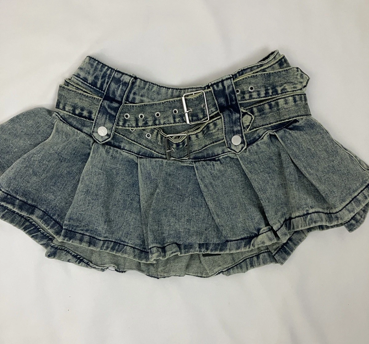 Fashion Nova Blue Jean Ruffle Mini Skirt With Belt Women’s Size Small