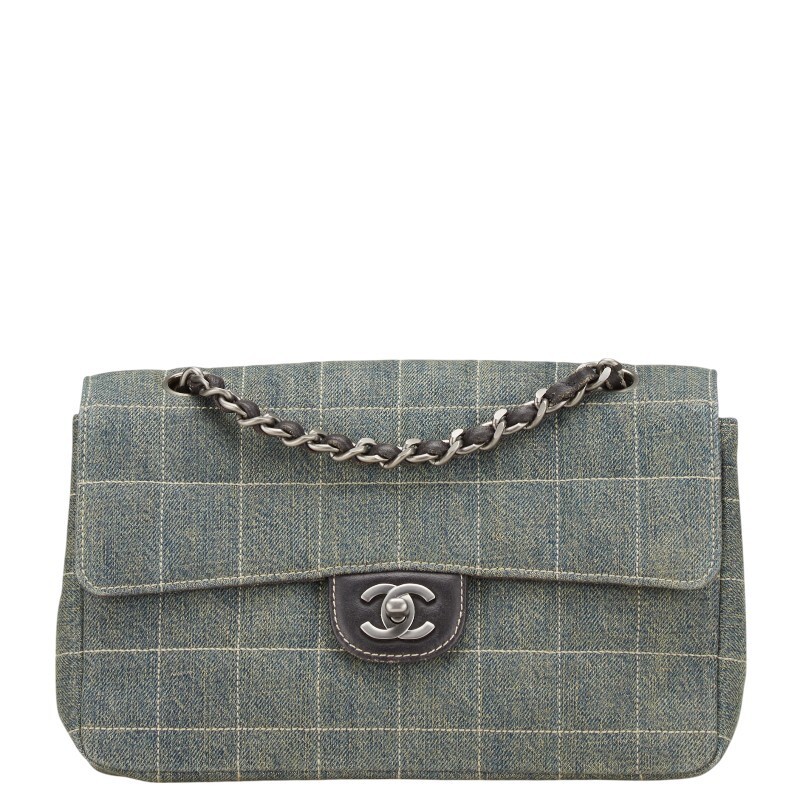 CHANEL Coco Mark Chocolate Bar Shoulder Bag in Light Blue Denim & Black Leather  