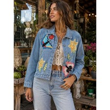 Vintage 90s Y2K Boho Beaded Embroidered White Stag Butterfly Denim Jacket L