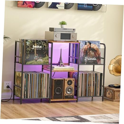 Record Player Stand with Built-in Power Outlets and LED Lighting  -image