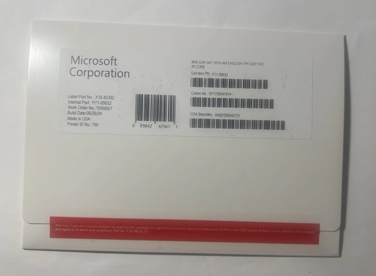 Microsoft Windows Server 2019 Datacenter 16 núcleos DVD + llave sellada