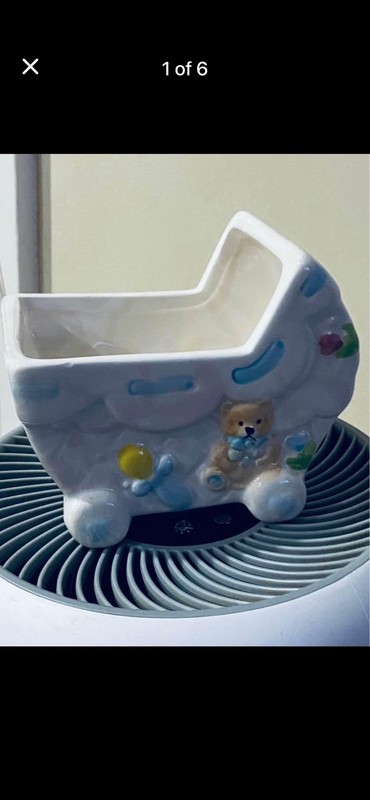 Ceramic Baby Carriage Planter Teddy Bear Hand Painted Glazed Nursery Decor Blue