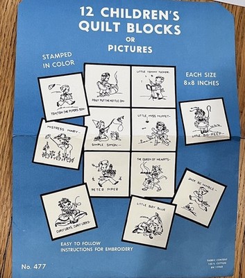 Vtg Children s Quilt Block Patterns Nursery Rhymes Stamped 8 x8  2Sets 24 Total