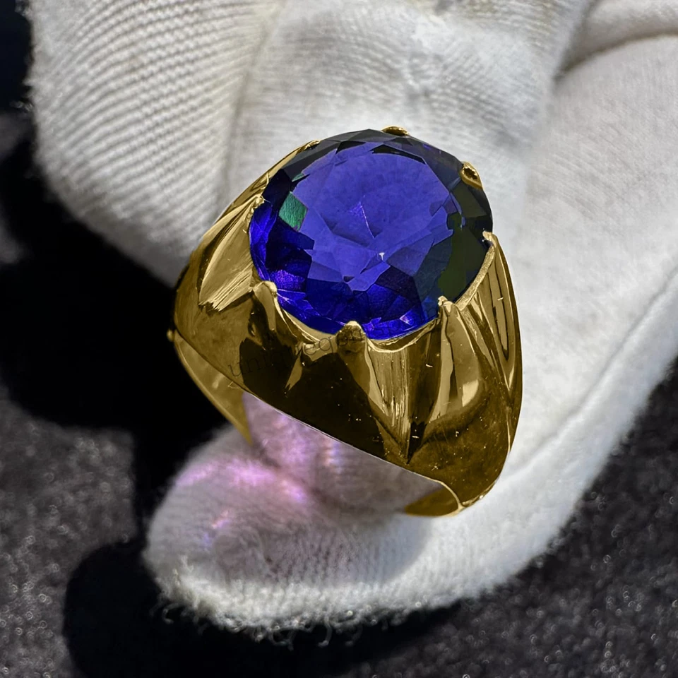 Anillo de oro real de 14 k con zafiro azul natural para hombre para compromiso anillo de regalo de boda Foto 2 de 3