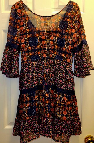 Band Of Gypsies Dress Womens XS Blue Orange Floral Lined Peasant Boho 70's