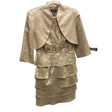 R M Richards Gold Dress Beaded V Neck Tiered Ruffle Midi Mother Of Bride Size 8