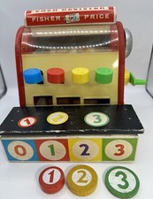 Vintage Rare Fisher Price Wooden Cash Register WITH COINS Everything Works 