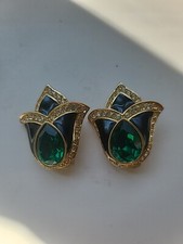 Vintage Ciner Signed Green Glass Rhinestone XL Gold Tone Tulip Clip On Earrings
