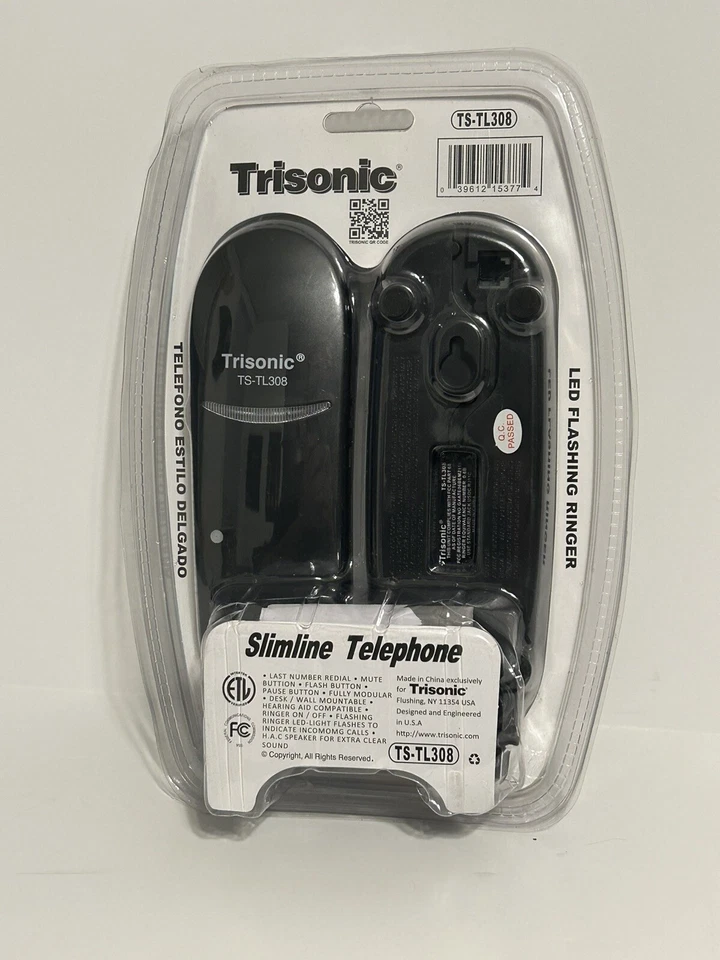 Teléfono Slimline con cable de escritorio de pared negro Trisonic - Nuevo Foto 3 de 4