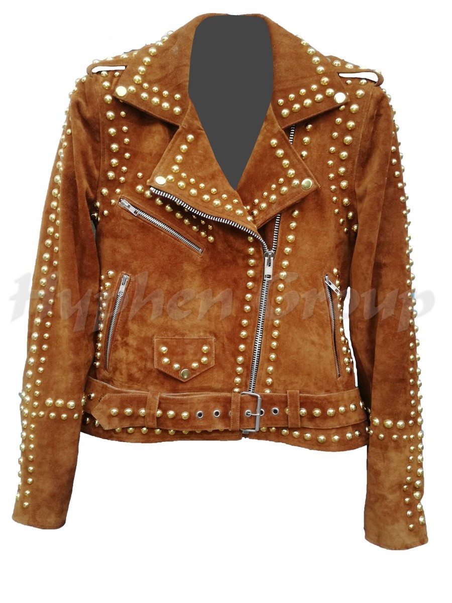 New Women Gold Studded Western Style American Brown Suede Leather