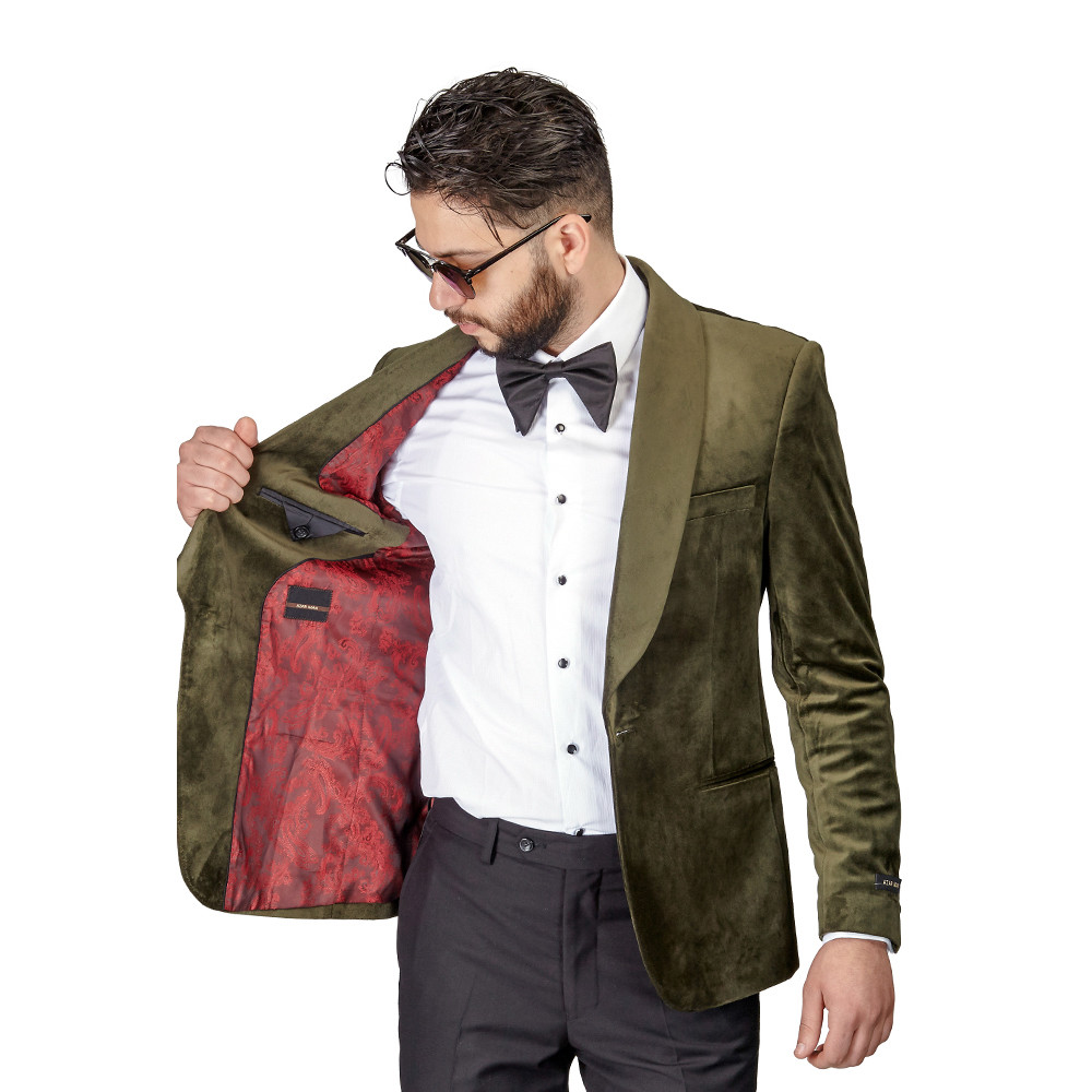 AZAR MAN Men's Slim Fit Grey Velvet Blazer - 1 Button Shawl Lapel Tuxedo Jacket