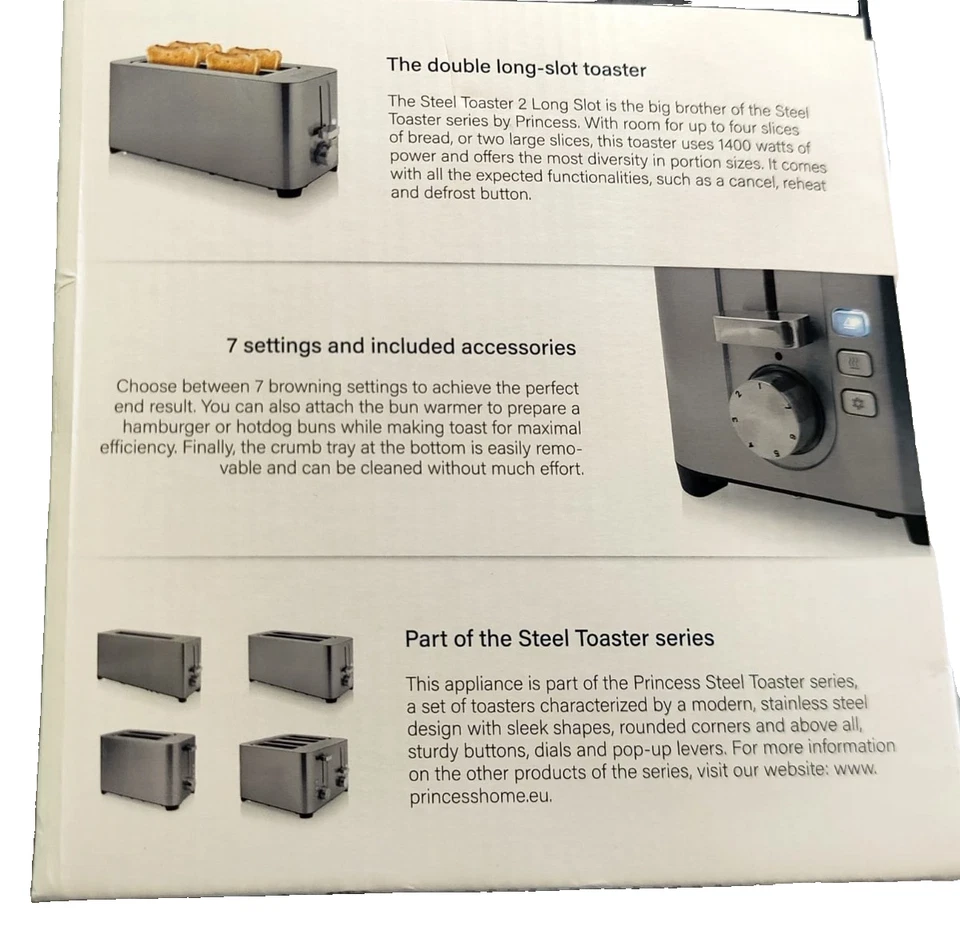 Princess Steel Toaster 2 Long Slot 1400W – 4 Fette, Scalda Panini - Immagine 3 di 4