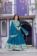Indian Style Chinnon Silk Teal Blue Color Gown With Dupatta For Wedding  Party