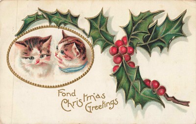 Fond Christmas Greetings Cute Cats Kittens 1910 Postcard