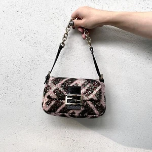 RARE☆☆☆☆Auth FENDI Zucca Tweed Sequins Chain Shoulder Mini Mamma Baguette