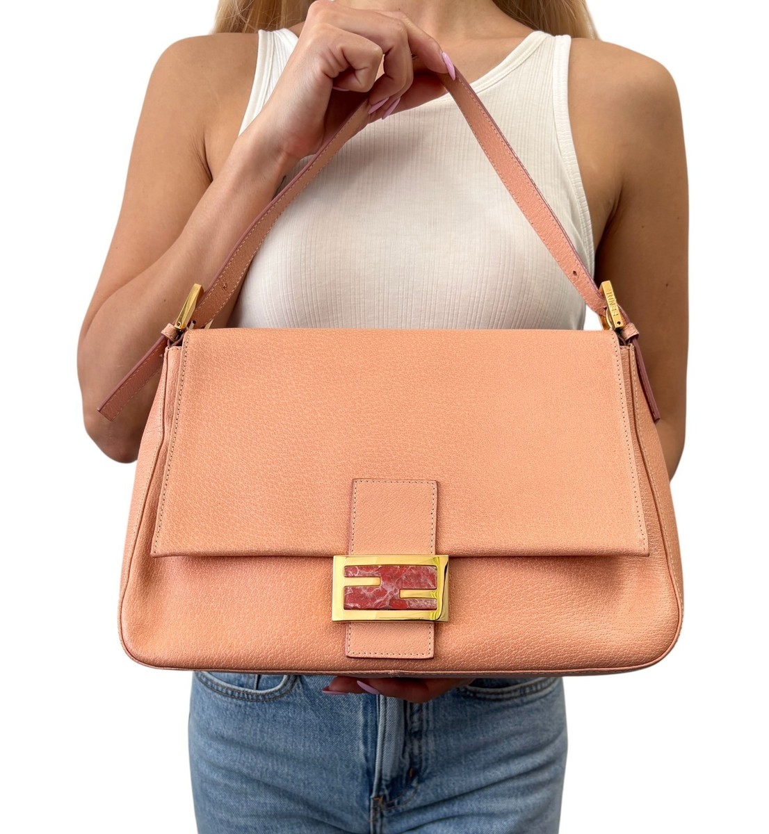 FENDI Vintage FF Logo Mamma Baguette Shoulder Bag Handbag Salmon