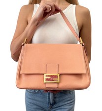Borsa a tracolla FENDI vintage FF logo mamma baguette borsetta pelle rosa salmone