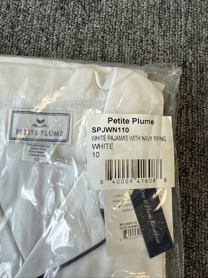 Petite Plume Kids White Pajamas Wt Navy Piping Size 10 - Image 4 of 4