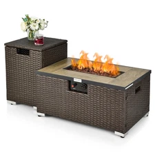20"x 32" Propane Rattan Fire Pit Table Set w/ Side Table Tank & Cover 40,000 BTU