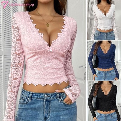 Sexy Deep V Hollow Lace Pullover Top Women's Clothing
