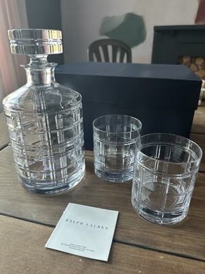 New Ralph Lauren Hudson Plaid Crystal Decanter Set with Glasses & Gift Box