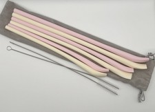 Reusable Silicone Flat Mouth Straws with Carry Pouch and Cleaning Brush - New