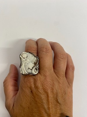 CAMEO Sardonic Shell 925 Silver Hand Carved Ring in Torre del Greco