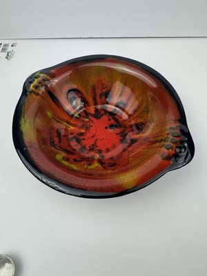 VTG Cali Style Pottery Drip Glaze Bowl Red Black 1103 MCM Atomic USA 8  Hnadles