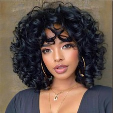 Short Curly Wigs for Black Women Soft Black Big Curly Wig with Bangs Afro Kin...