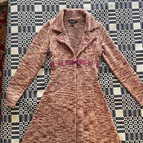 Betsey Johnson New York Pink Long Coatigan Coat Bow Detail Collared Size M