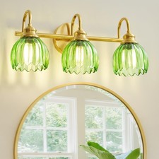 Vintage Bathroom Light Fixtures Gold, 3 Light Vanity Light with Green Glass S...