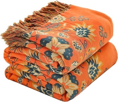 HOORDRY 100% Baumwolle Boho Überwurf Decke für 130x150cm (50×60in), Orange Blume 