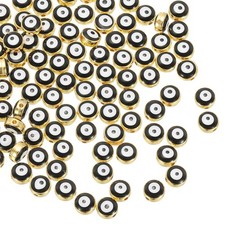 100 Pcs 8mm Flat Round Evil Eye Beads with Golden Edge, Black